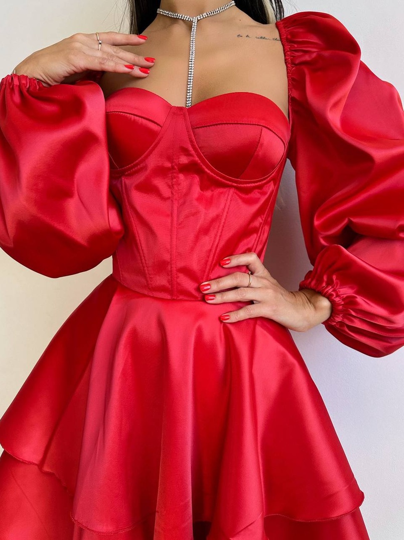 Атласна корсетна сукня бюстьє з пишною подвійною спідницею та об‘ємними рукавами | PUSHKA SHOP