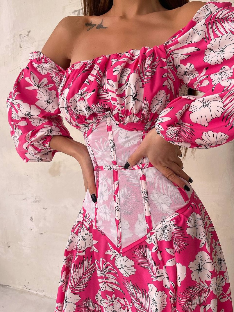 Сукня міді з розрізом в квітковий принт + прозорий корсет  | PUSHKA SHOP