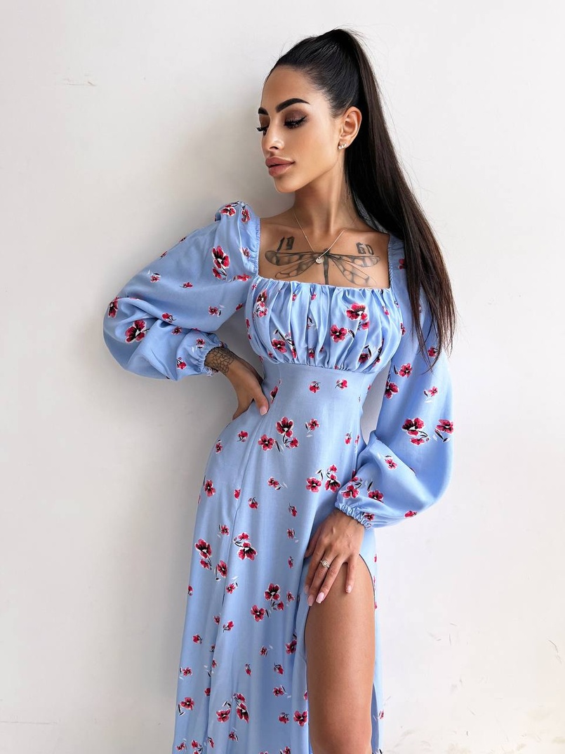 Сукня міді з розрізом в квітковий принт + прозорий корсет  Сукня міді з розрізом в квітковий принт + прозорий корсет  | PUSHKA SHOP