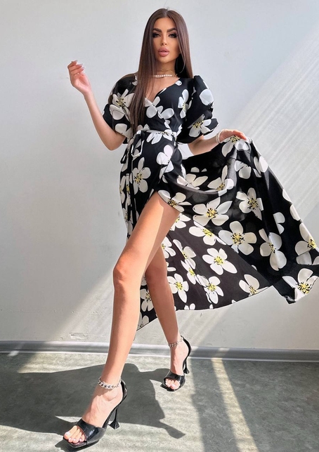 Сукня міді  із запахом та об'ємними рукавами | PUSHKA SHOP