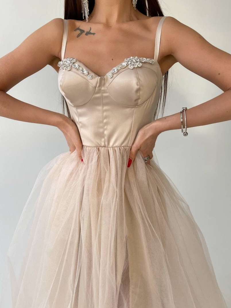 Платье-бюстье с чашечками и пышной юбкой , декорированное стразами  Платье-бюстье с чашечками и пышной юбкой , декорированное стразами  | PUSHKA SHOP
