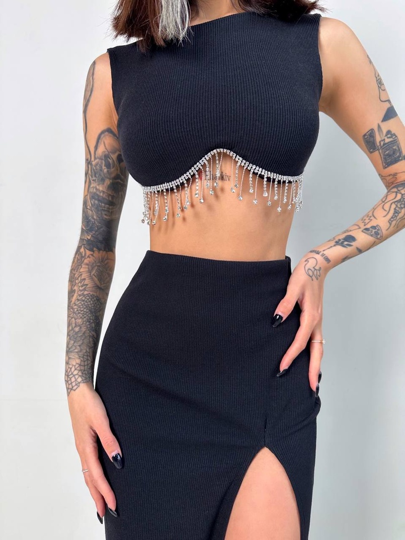 Комплект: топ з бахромою зі страз та спідниця з розрізом  | PUSHKA SHOP