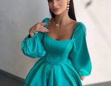 Атласна корсетна сукня з пишною подвійною спідницею та об‘ємними рукавами Атласна корсетна сукня з пишною подвійною спідницею та об‘ємними рукавами | PUSHKA SHOP