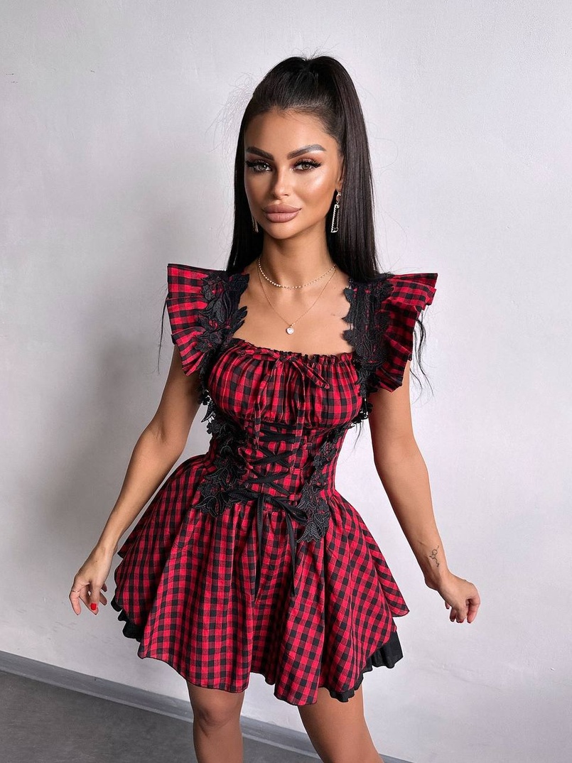 Сукня в клітинку декорована мереживом  Сукня в клітинку декорована мереживом  | PUSHKA SHOP