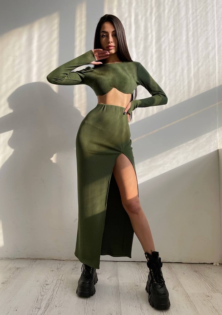 Трикотажный комплект: топ с чашечками push up + юбка миди с разрезом  Трикотажный комплект: топ с чашечками push up + юбка миди с разрезом  | PUSHKA SHOP