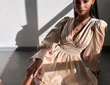 Атласна сукня з пишною подвійною спідницею та об‘ємними рукавами | PUSHKA SHOP