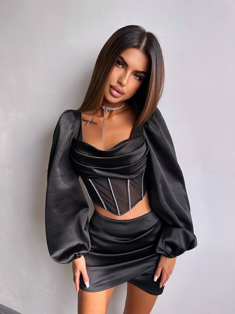 Комплект: корсет, декорований стразами   + спідниця міні з драпіруванням  Комплект: корсет, декорований стразами   + спідниця міні з драпіруванням  | PUSHKA SHOP