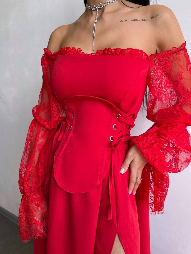 Сукня міді з корсетом декорована мереживом  | PUSHKA SHOP
