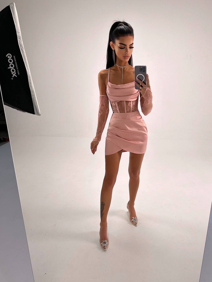 Комплект: корсет, декорований мереживом   + рукавички+ спідниця міні з драпіруванням   Комплект: корсет, декорований мереживом   + рукавички+ спідниця міні з драпіруванням   | PUSHKA SHOP