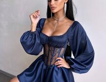 Атласна сукня з обʼємними рукавами та мереживом Атласна сукня з обʼємними рукавами та мереживом | PUSHKA SHOP