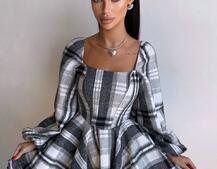 Корсетна сукня з подвійною спідницею та обʼємними рукавами у клітинку  Корсетна сукня з подвійною спідницею та обʼємними рукавами у клітинку  | PUSHKA SHOP