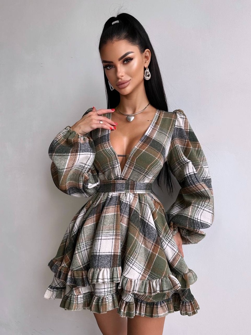 Сукня з подвійною спідницею та обʼємними рукавами у клітинку  Сукня з подвійною спідницею та обʼємними рукавами у клітинку  | PUSHKA SHOP