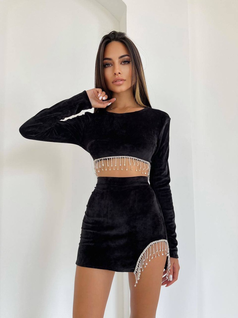 Оксамитовий комплект, декорований бахромою зі страз Оксамитовий комплект, декорований бахромою зі страз | PUSHKA SHOP