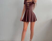 Трикотажное платье-мини со шнуровкой на груди  Трикотажное платье-мини со шнуровкой на груди  | PUSHKA SHOP