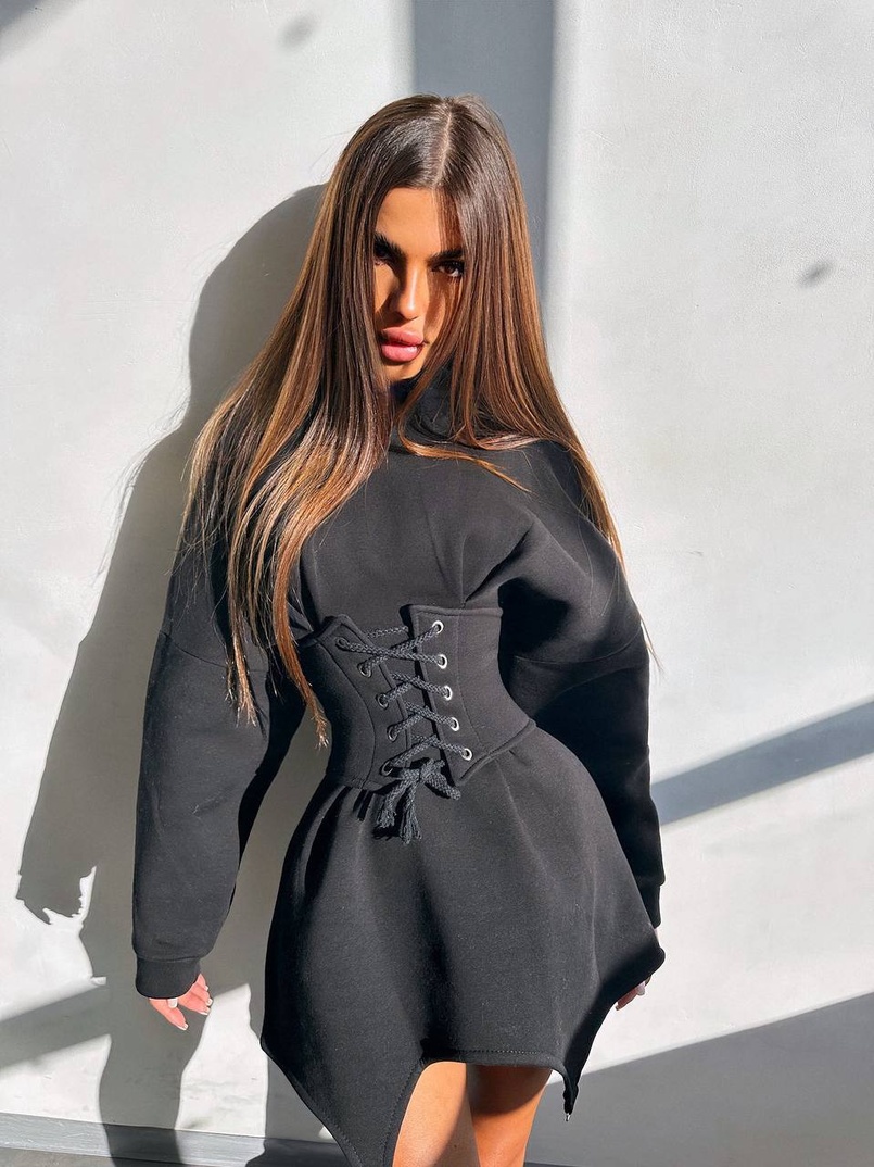 Тепле приталене худі з капюшоном на флісі + корсет на шнурівці Можна носити з корсетом та без | PUSHKA SHOP