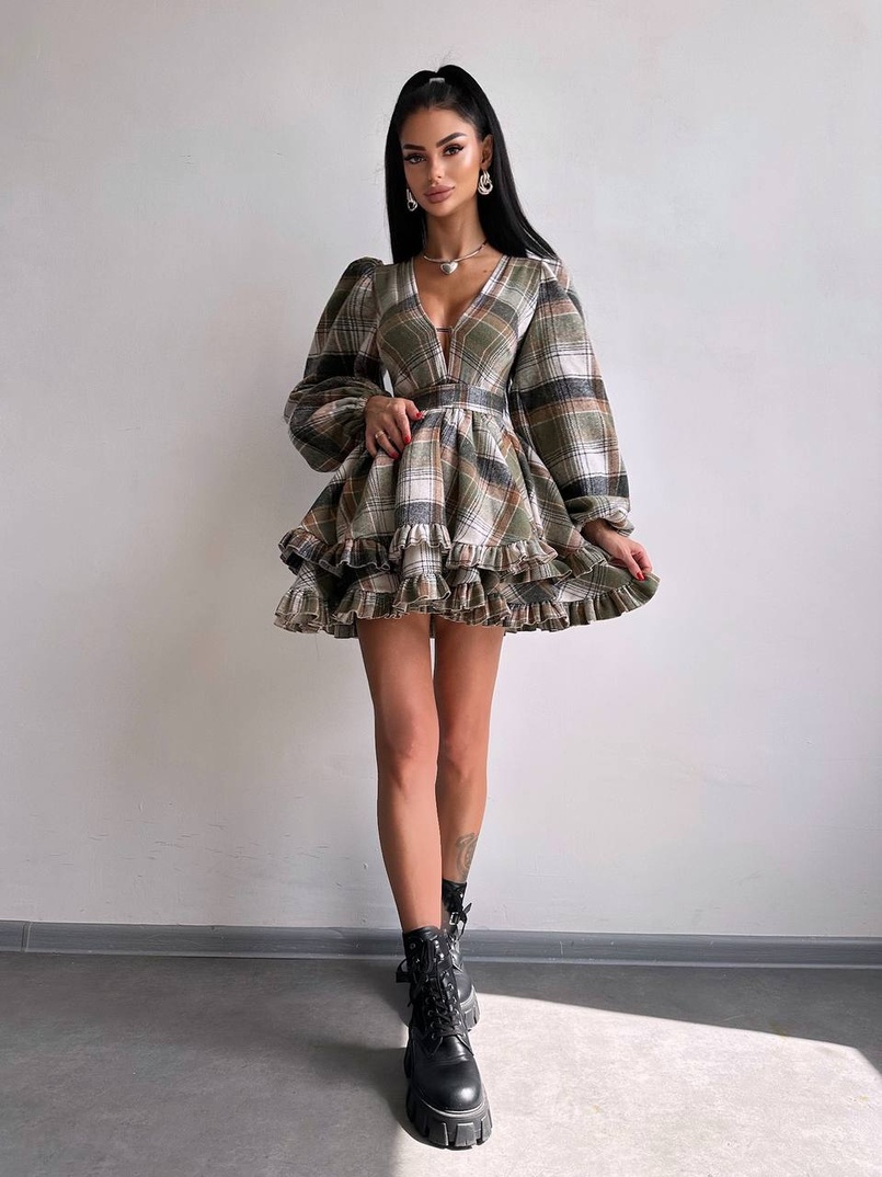 Сукня з подвійною спідницею та обʼємними рукавами у клітинку  Сукня з подвійною спідницею та обʼємними рукавами у клітинку  | PUSHKA SHOP