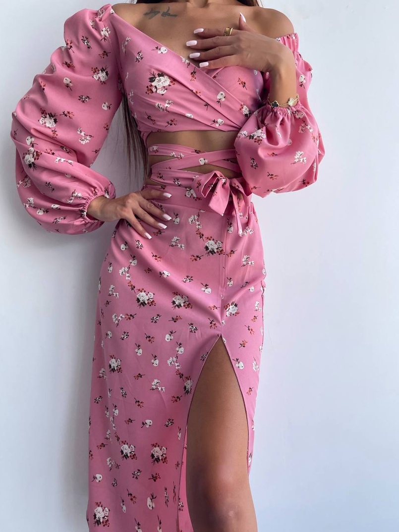 Квітковий комплект: топ із зав'язками на талії + спідниця міді з розрізом | PUSHKA SHOP