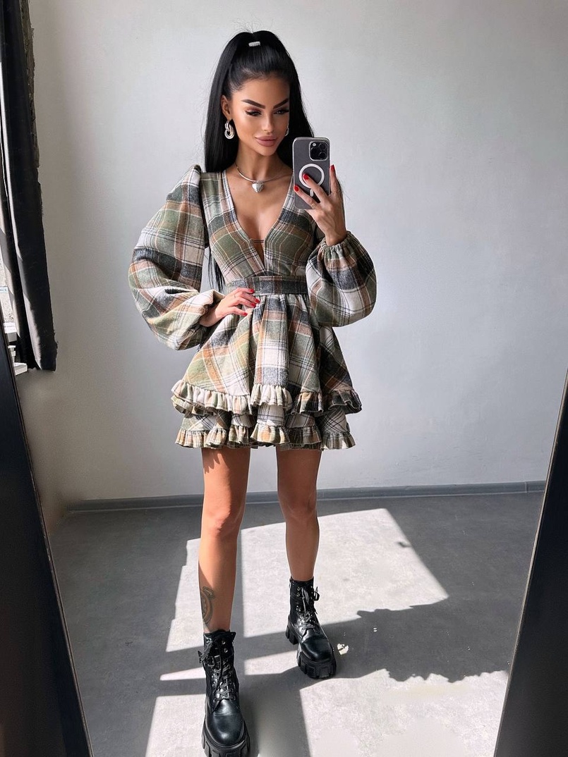 Сукня з подвійною спідницею та обʼємними рукавами у клітинку  Сукня з подвійною спідницею та обʼємними рукавами у клітинку  | PUSHKA SHOP