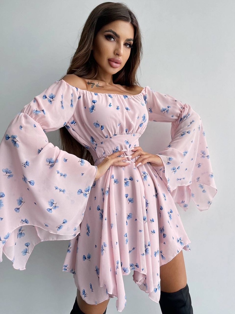 Шифонова сукня на підкладці з розкльошеними рукавами з асиметричною спідницею + корсет декорований стразами  Шифонова сукня на підкладці з розкльошеними рукавами з асиметричною спідницею + корсет декорований стразами  | PUSHKA SHOP