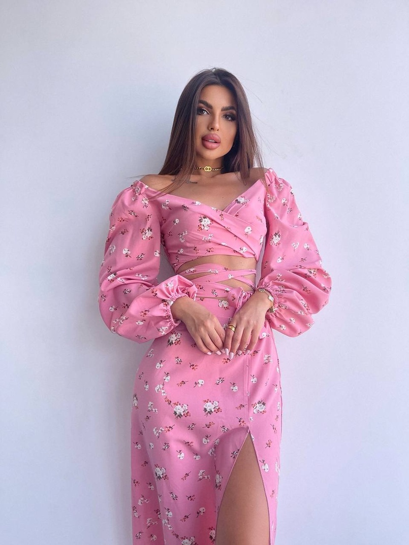 Квітковий комплект: топ із зав'язками на талії + спідниця міді з розрізом | PUSHKA SHOP