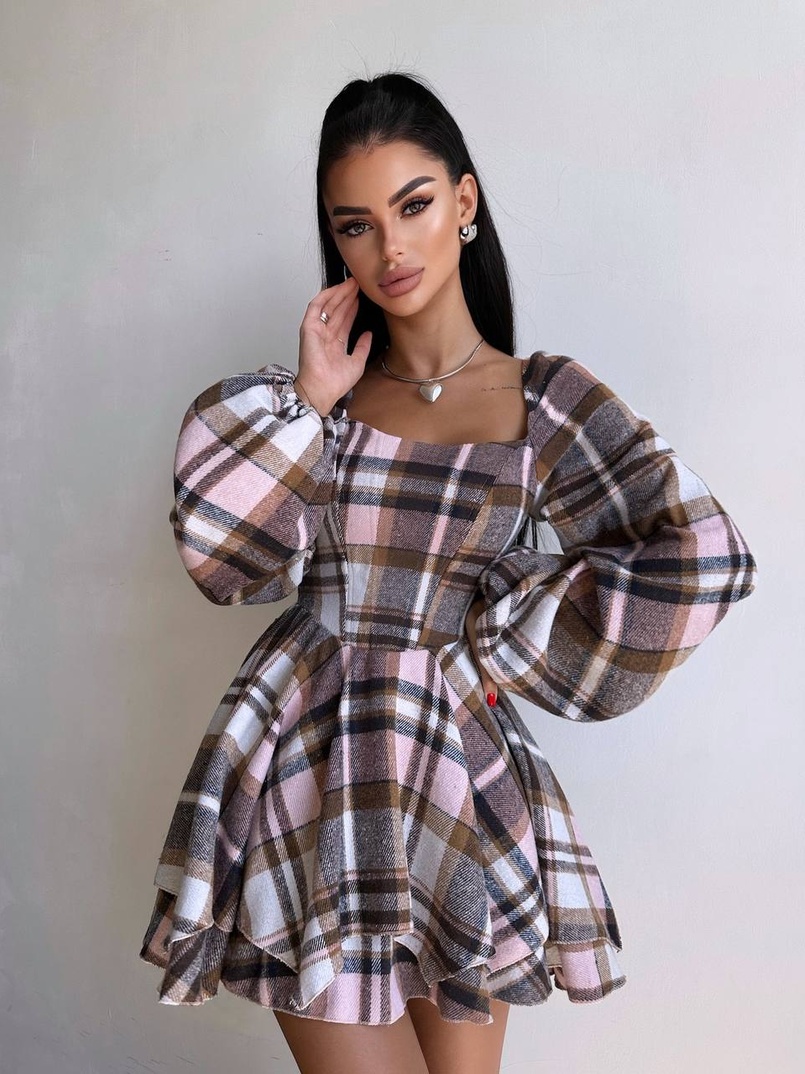 Корсетна сукня з подвійною спідницею та обʼємними рукавами у клітинку  Корсетна сукня з подвійною спідницею та обʼємними рукавами у клітинку  | PUSHKA SHOP