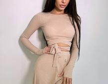 Трикотажный комплект: юбка  миди с разрезом + топ с завязками на талии  Трикотажный комплект: юбка  миди с разрезом + топ с завязками на талии  | PUSHKA SHOP