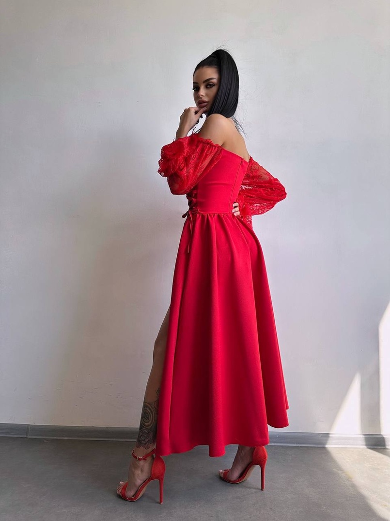 Сукня міді з корсетом декорована мереживом  | PUSHKA SHOP