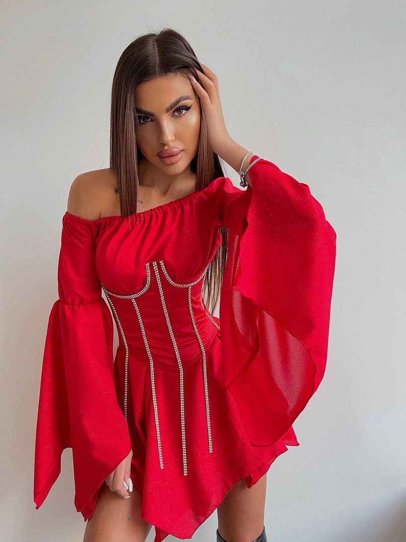 Шифонова сукня на підкладці з розкльошеними рукавами з асиметричною спідницею + корсет декорований стразами Ручна робота! Шифонова сукня на підкладці з розкльошеними рукавами з асиметричною спідницею + корсет декорований стразами Ручна робота! | PUSHKA SHOP