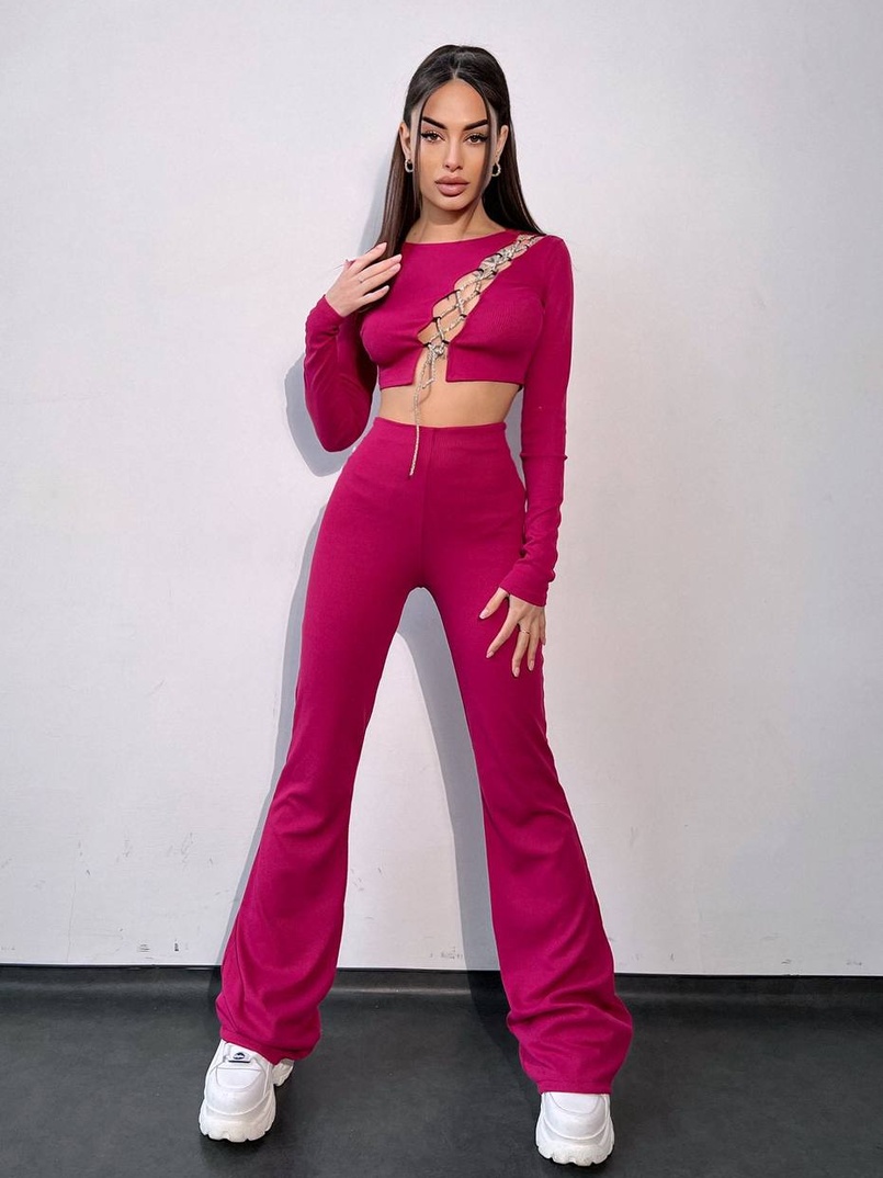 Комплект : штани кльош і топ декорований шнурком зі стразами  Комплект : штани кльош і топ декорований шнурком зі стразами  | PUSHKA SHOP