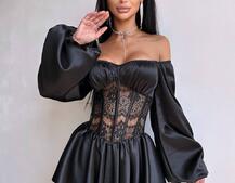 Атласна сукня з обʼємними рукавами та мереживом Атласна сукня з обʼємними рукавами та мереживом | PUSHKA SHOP