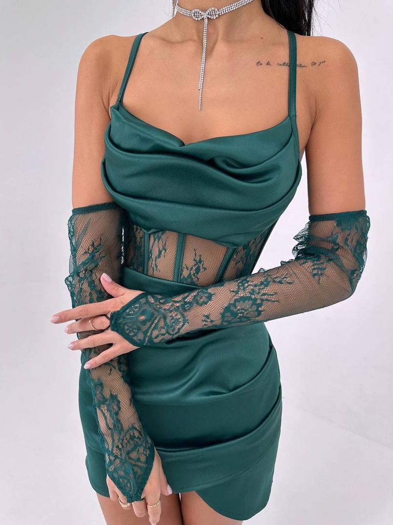 Комплект: корсет, декорований мереживом   + рукавички+ спідниця міні з драпіруванням   Комплект: корсет, декорований мереживом   + рукавички+ спідниця міні з драпіруванням   | PUSHKA SHOP