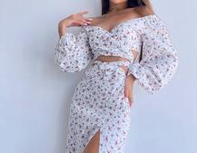 Квітковий комплект: топ із зав'язками на талії + спідниця міді з розрізом Квітковий комплект: топ із зав'язками на талії + спідниця міді з розрізом | PUSHKA SHOP