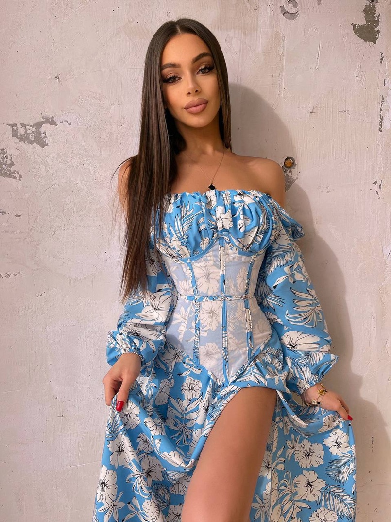 Сукня міді з розрізом в квітковий принт + прозорий корсет  Сукня міді з розрізом в квітковий принт + прозорий корсет  | PUSHKA SHOP