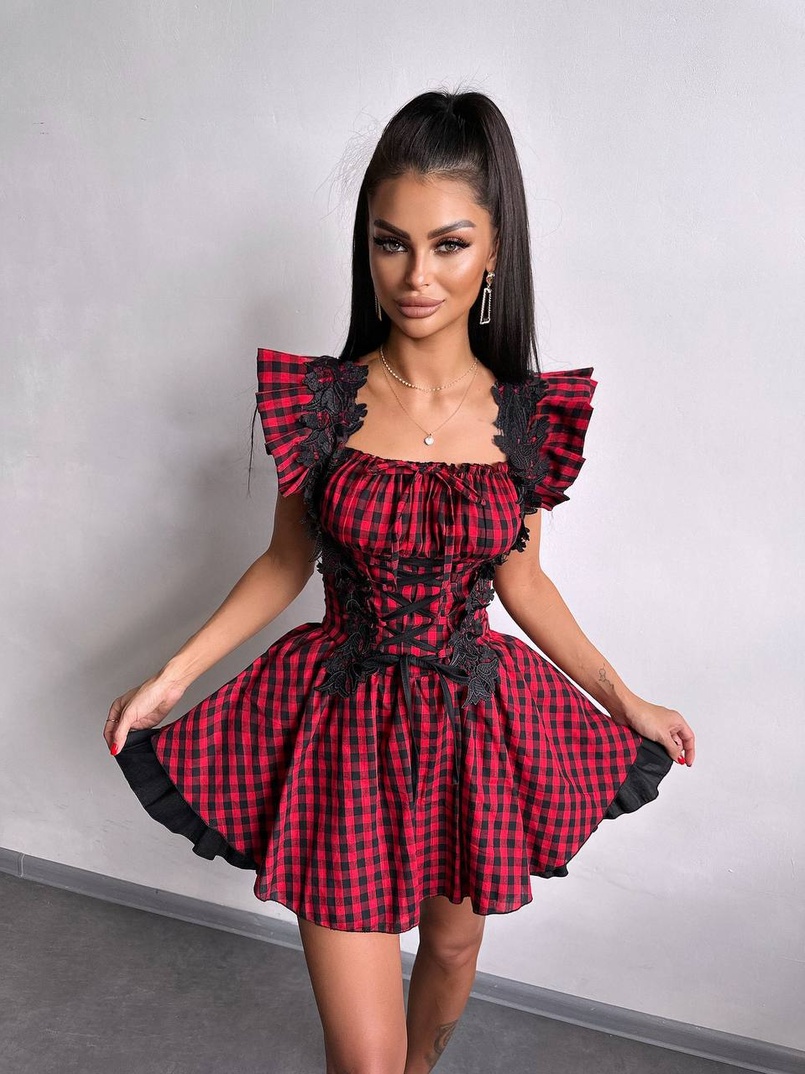 Сукня в клітинку декорована мереживом  Сукня в клітинку декорована мереживом  | PUSHKA SHOP