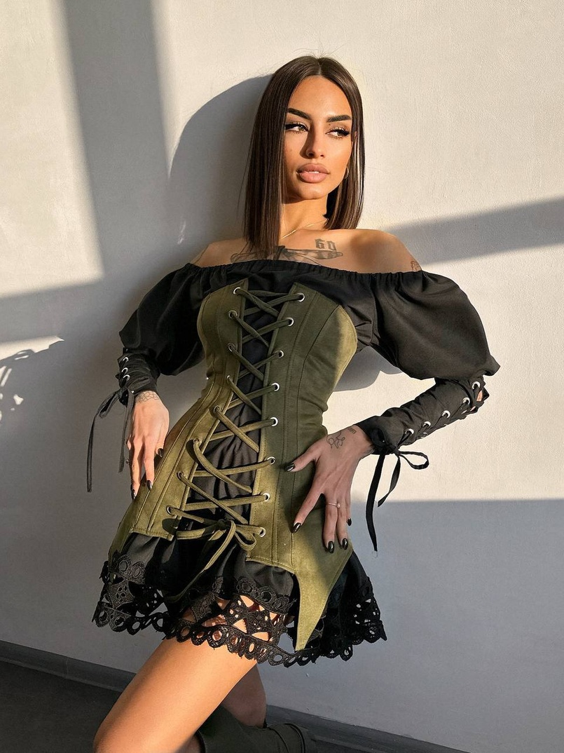 Комплект: сукня декорована мереживом + корсет  Комплект: сукня декорована мереживом + корсет  | PUSHKA SHOP