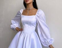 Атласна корсетна сукня з пишною подвійною спідницею та об‘ємними рукавами | PUSHKA SHOP