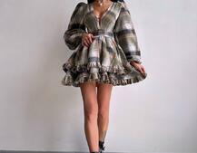 Сукня з подвійною спідницею та обʼємними рукавами у клітинку  Сукня з подвійною спідницею та обʼємними рукавами у клітинку  | PUSHKA SHOP