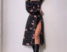 Квіткова сукня-міді зі шнурівкою на спинці та розрізом на ніжці Квіткова сукня-міді зі шнурівкою на спинці та розрізом на ніжці | PUSHKA SHOP