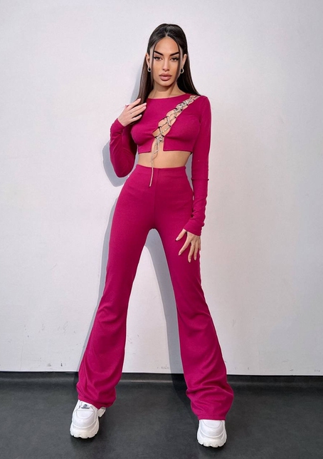 Комплект : штани кльош і топ декорований шнурком зі стразами  Комплект : штани кльош і топ декорований шнурком зі стразами  | PUSHKA SHOP