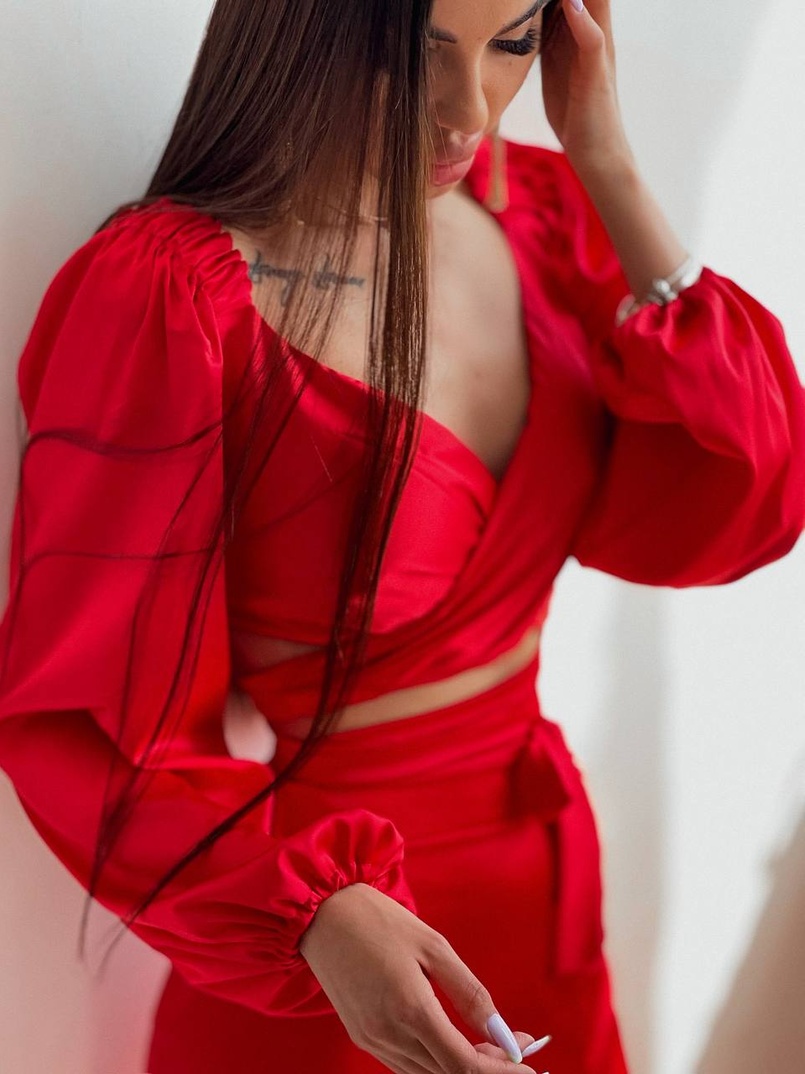 Шелковый комплект: топ с завязками на талии + юбка миди с разрезом  | PUSHKA SHOP