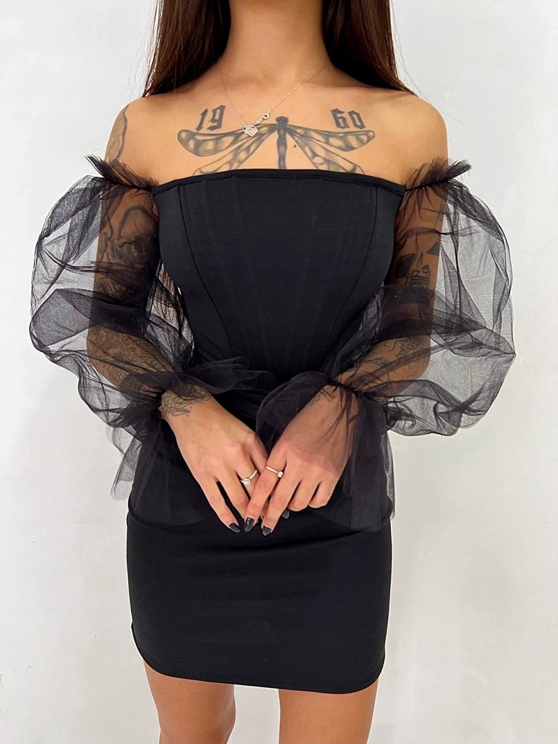 Сукня з корсетними елементами та об'ємними руквами з фатину | PUSHKA SHOP