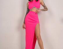 Комплект: топ з бахромою зі страз та спідниця з розрізом  | PUSHKA SHOP