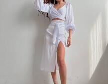 Шелковый комплект: топ с завязками на талии + юбка миди с разрезом  Шелковый комплект: топ с завязками на талии + юбка миди с разрезом  | PUSHKA SHOP