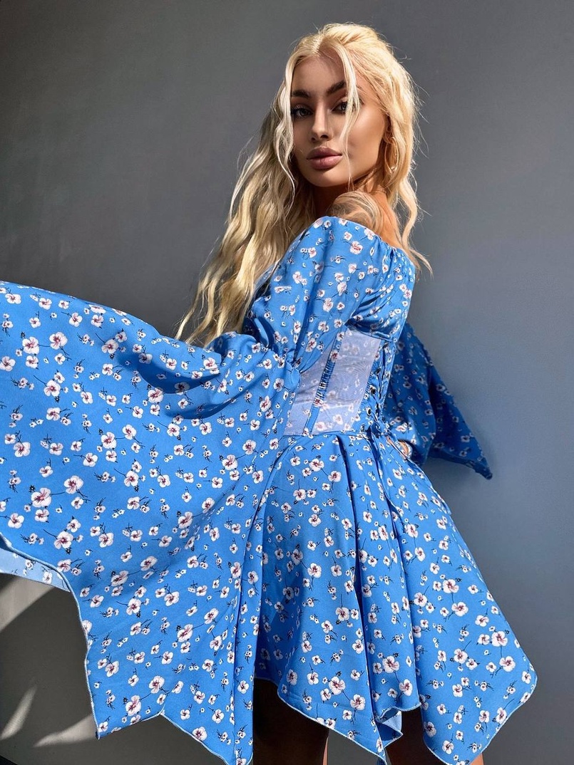 Сукня з асиметричною спідницею та розкльошеними рукавами + корсет  | PUSHKA SHOP