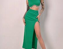 Комплект: топ з бахромою зі страз та спідниця з розрізом  | PUSHKA SHOP