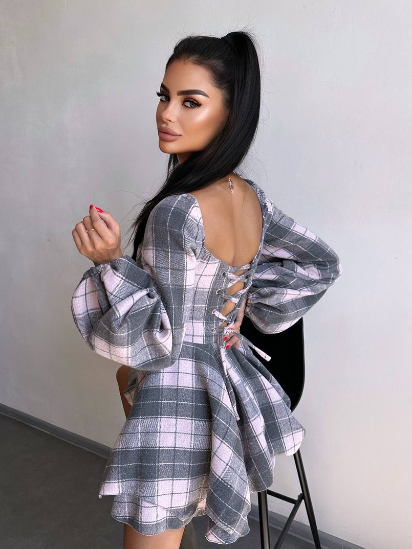 Корсетна сукня з подвійною спідницею та обʼємними рукавами у клітинку  Корсетна сукня з подвійною спідницею та обʼємними рукавами у клітинку  | PUSHKA SHOP