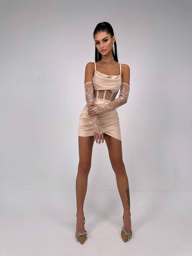 Комплект: корсет, декорований мереживом   + рукавички+ спідниця міні з драпіруванням   Комплект: корсет, декорований мереживом   + рукавички+ спідниця міні з драпіруванням   | PUSHKA SHOP