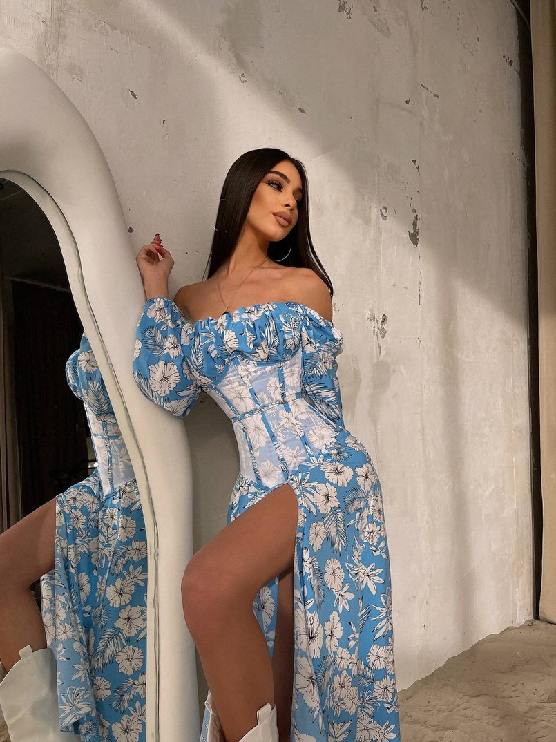 Сукня міді з розрізом в квітковий принт + прозорий корсет  Сукня міді з розрізом в квітковий принт + прозорий корсет  | PUSHKA SHOP