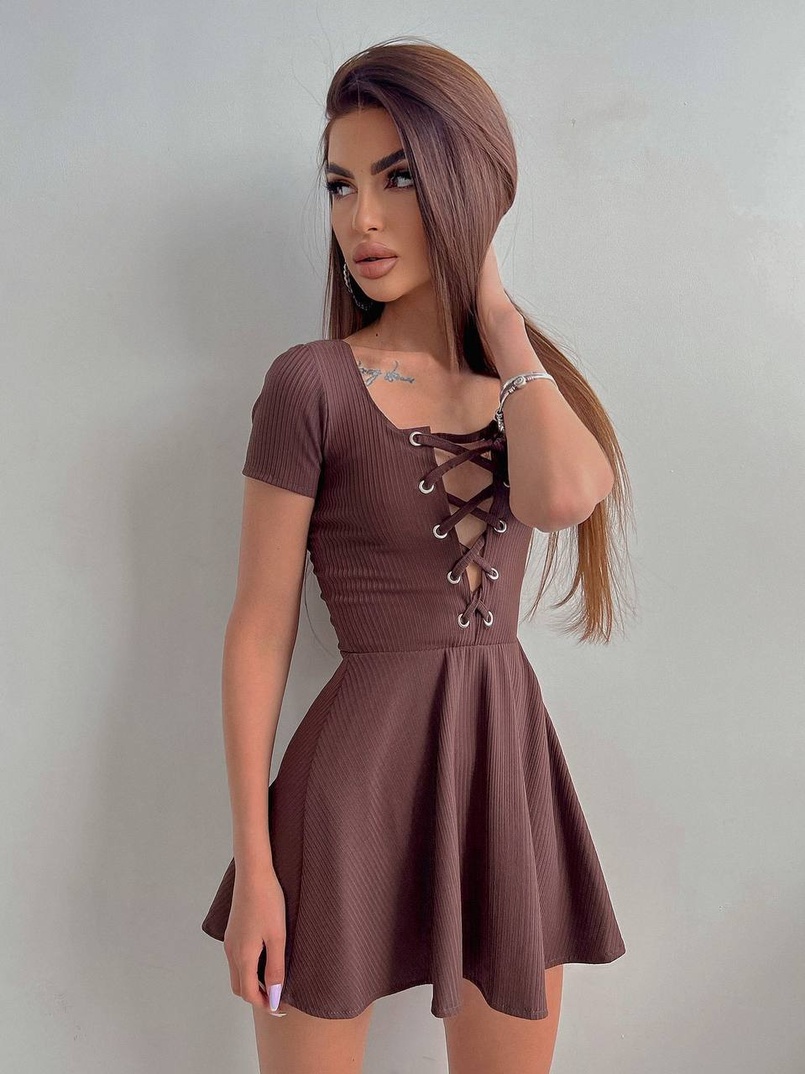 Трикотажное платье-мини со шнуровкой на груди  Трикотажное платье-мини со шнуровкой на груди  | PUSHKA SHOP