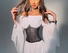 Шифоновое платье ассиметричного кроя с расклешенными рукавами + корсет декорированный стразами  | PUSHKA SHOP